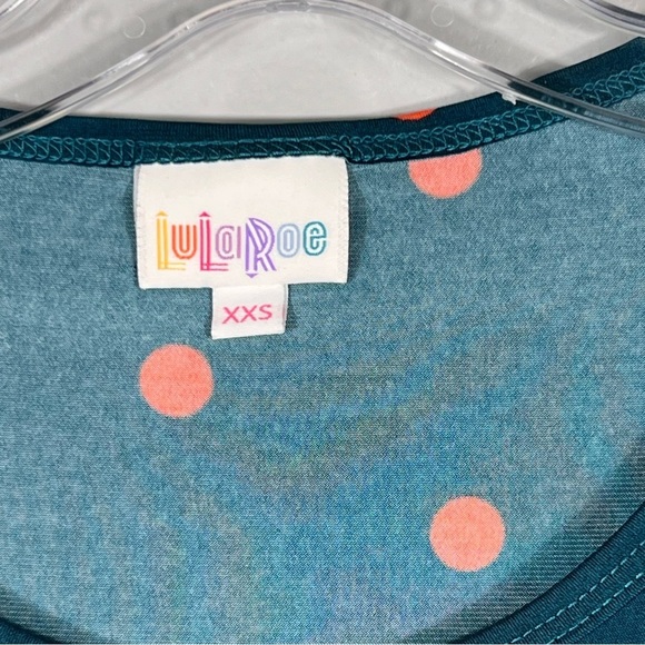 LuLaRoe Irma Stretch Tee Size XXS Dark Teal Green Orange Polka Dots Oversize Top - Picture 3 of 7